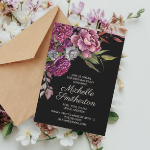 Invitation Élégante Violet Floral Black Femmes 60e anniversai