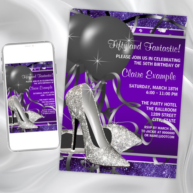 Invitation Élégante Violet Haut talons femmes fête d'annivers (Purple silver shoe any event invitation. Instant download and printed invitations available.)