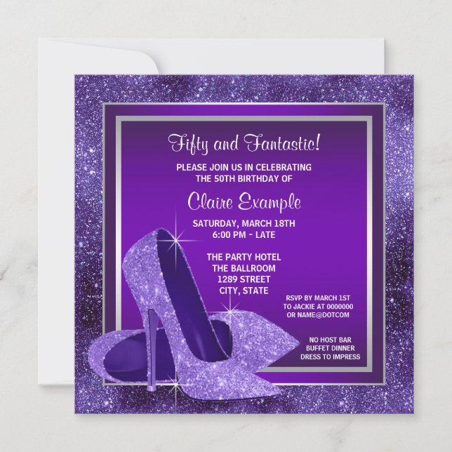 Invitation Élégante Violet Haut talons femmes fête d'annivers (Devant)
