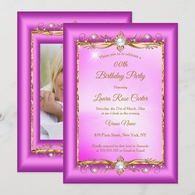 Invitation Elégante violet rose or photo Anniversaire (Devant / Derrière)
