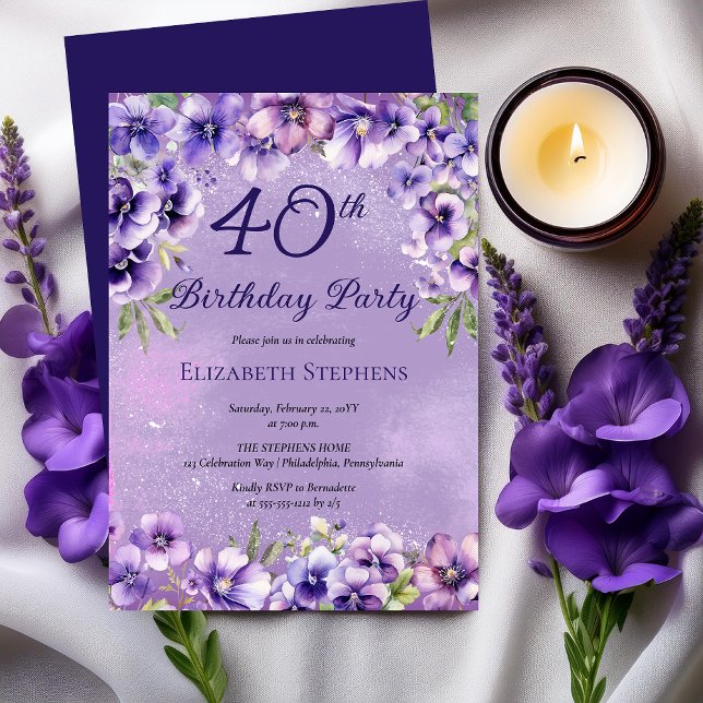 Invitation Élégante Violette violette Florale 40e fête d'anni (Elegant Purple Violets Floral 40th Birthday Party Invitation)