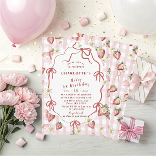 Invitation Elégante Watercolor Fille fraise 1er anniversaire