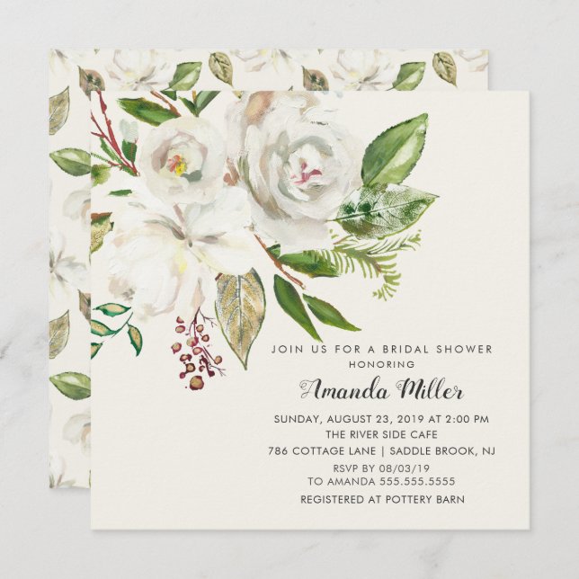 Invitation Elégante White Floral (Devant / Derrière)