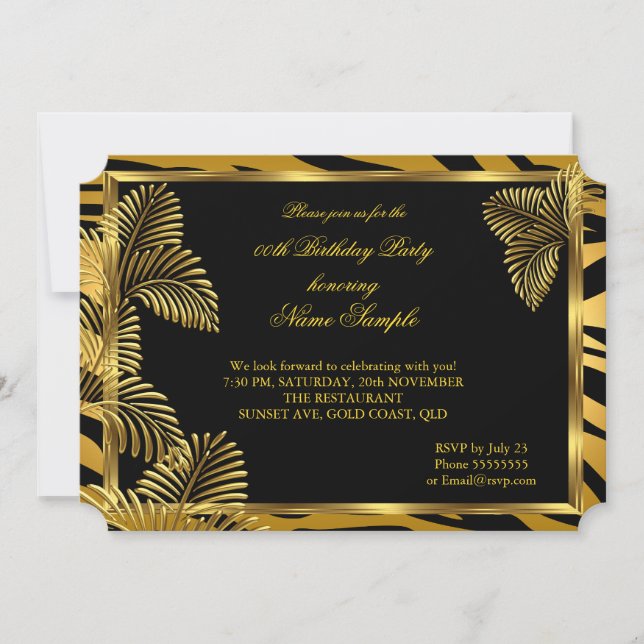 Invitation Elégante Zebra Black Gold Golden Palm Party (Devant)