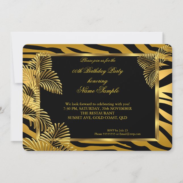 Invitation Elégante Zebra Black Gold Golden Palm Party (Devant)