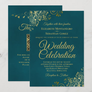 Invitation Élégantes Boucles Dorées sur un Code QR de Mariage