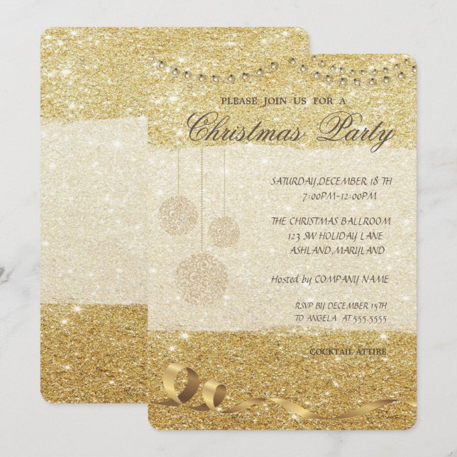 Invitation Élégantes boules de Noël, Glitterie, Fête de Noël (Devant / Derrière)