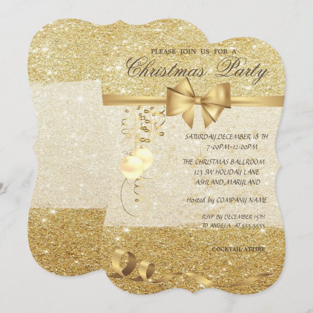 Invitation Élégantes boules de Noël, Glitterie, Fête de Noël (Devant / Derrière)