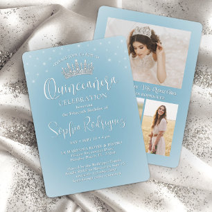 Invitation Élégantes étincelles Quinceañera 3 Photo Bleu clai
