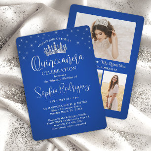 Invitation Élégantes étincelles Quinceañera 3 Photo Royal Blu