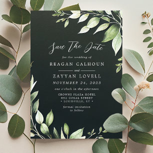 Invitation Élégantes Feuilles de Verdure Vert Foncé Save The