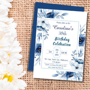 Invitation Élégantes fleurs bleues pour 35e anniversaire nuan