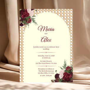 Invitation Élégantes Fleurs de Bourgogne et Bordure en Rotin