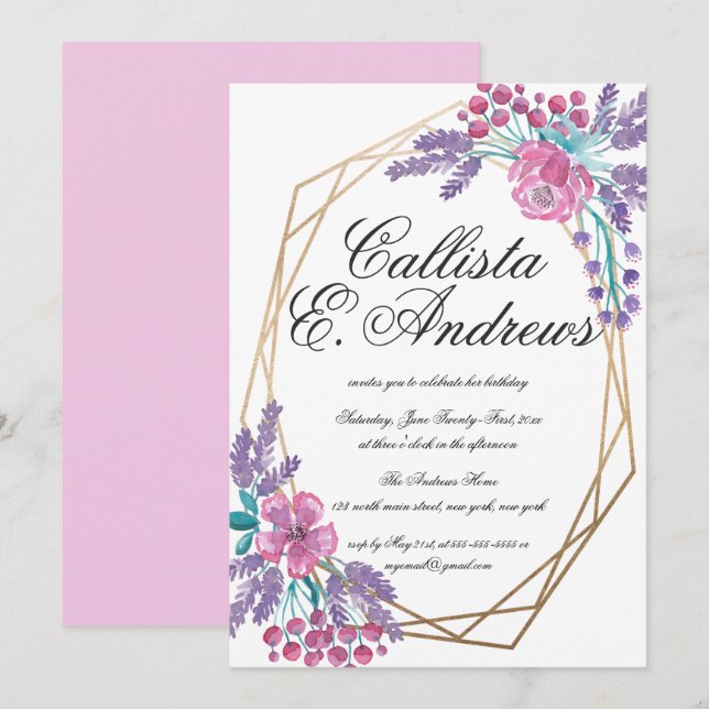 Invitation Elégantes Fleurs Gold Terrarium Aquarelle Annivers (Devant / Derrière)