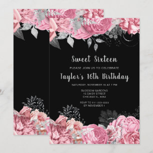 Invitation Élégantes Fleurs Roses et Argentes Sweet Sixteen