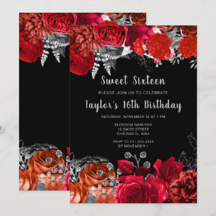 Invitation Élégantes Fleurs Rouges et Argent pour Sweet Sixte