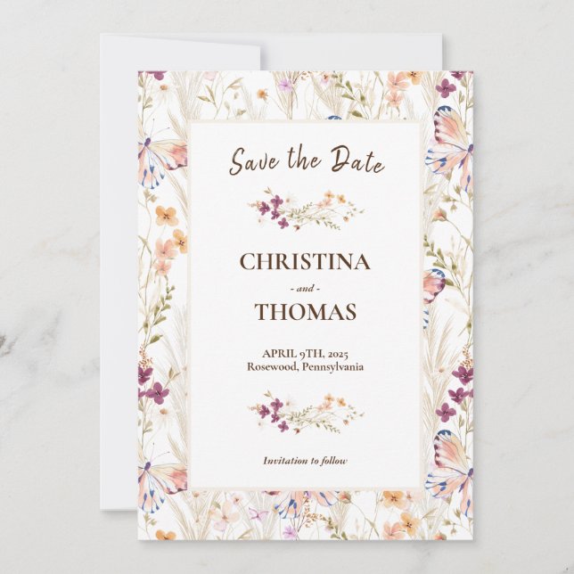 Invitation Élégantes Fleurs Sauvages Boho Enregistrez la Date (Devant)