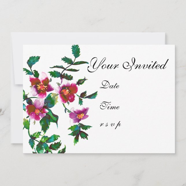 Invitation Élégantes fleurs sauvages rose foncé aquarelle mod (Devant)