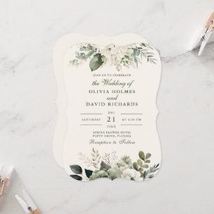 Invitation Élégantes fleurs vert sauge et ivoire Mariage cour