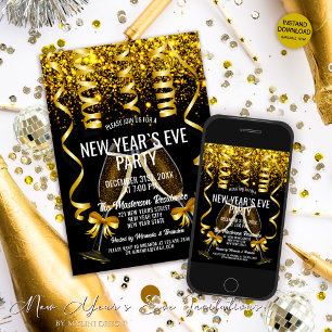 Invitation Élégantes Flûtes à Champagne en Or Nouvel An