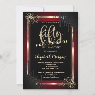 Invitation Elegantes Gouttes Noires Bordure Rouge Foncé 50e A