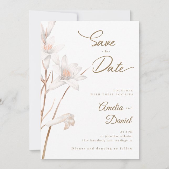 Invitation Élégantes lys blancs mariage Enregistrez la date (Devant)