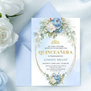 Invitation Élégantes Pivoines Bleues Quinceañera 15e Annivers