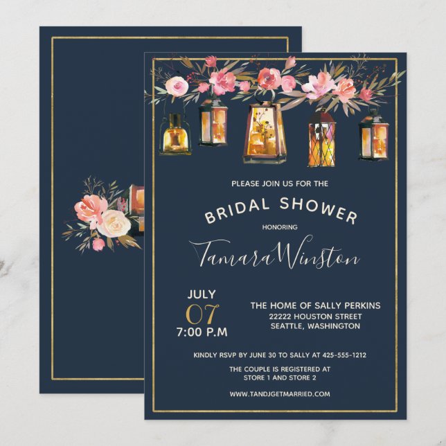 Invitation Élégantes pivoines Lanternes rustiques Marine Cora (Devant / Derrière)