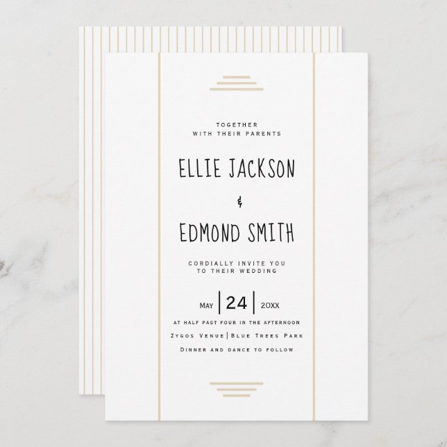Invitation Élégantes rayures beige simple mariage (Devant / Derrière)