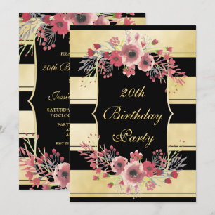 Invitation Élégantes rayures dorées Floral Aquarelle 20ème