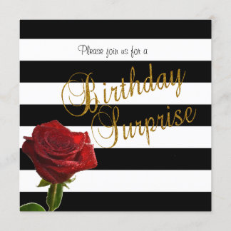 Invitation Élégantes rayures noires et blanches et roses roug