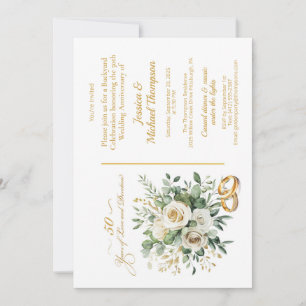 Invitation Élégantes Roses Blanches Anneaux Dorés 50e Anniver