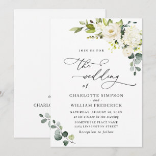 Invitation Élégantes Roses Blanches d'Eucalyptus et Verdure d