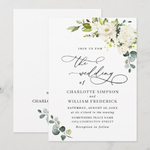 Invitation Élégantes Roses Blanches d'Eucalyptus et Verdure d