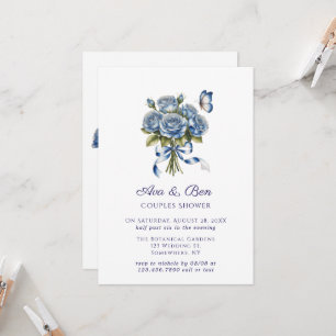 Invitation Élégantes Roses Bleues Papillon Argent Mariage Cou