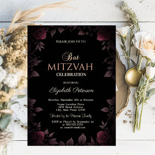 Invitation Élégantes roses bordeaux foncé Bar Mitzvah noir 