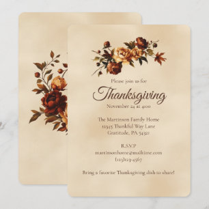 Invitation Élégantes Roses Brunes d'Automne Fleurs de Thanksg
