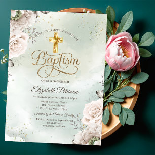 Invitation Élégantes Roses de Croix en Or Vert Baptême
