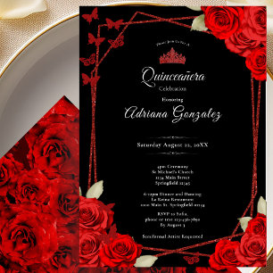 Invitation Élégantes Roses et Couronne Rouge Quinceanera 