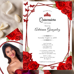 Invitation Élégantes Roses et Couronne Rouge Quinceanera