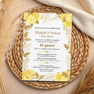 Invitation Élégantes Roses Fleur Or 45e Anniversaire de Maria
