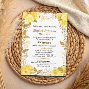 Invitation Élégantes Roses Fleurs Or 35e Anniversaire de Mari