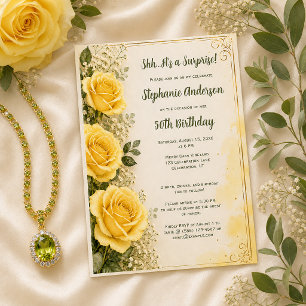 Invitation Élégantes Roses Jaunes Surprise Fête d'Anniversair