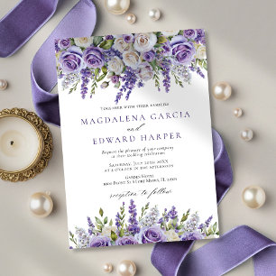 Invitation Élégantes Roses Lavande Violettes Fleurs Mariage