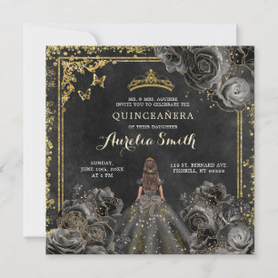 Invitation Élégantes Roses Noires et Or Princesse Quinceañera