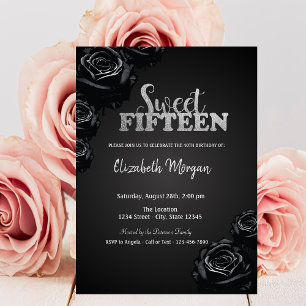 Invitation Élégantes roses noires gothiques 15e anniversaire