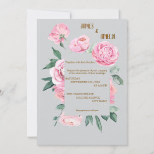 Invitation Élégantes Roses Roses et Fleurs Grises de Mariage