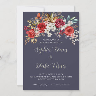 Invitation Élégantes Roses Rouges Floral Gris Ardoise Mariage
