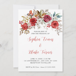 Invitation Élégantes Roses Rouges Florale Blanche Mariage