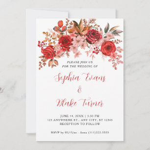 Invitation Élégantes Roses Rouges Florale Mariage Blanc